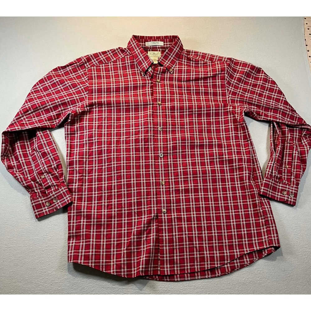 LL Bean Men Large Red White Plaid Wrinkle Free Traditional Fit Button Down Shirt